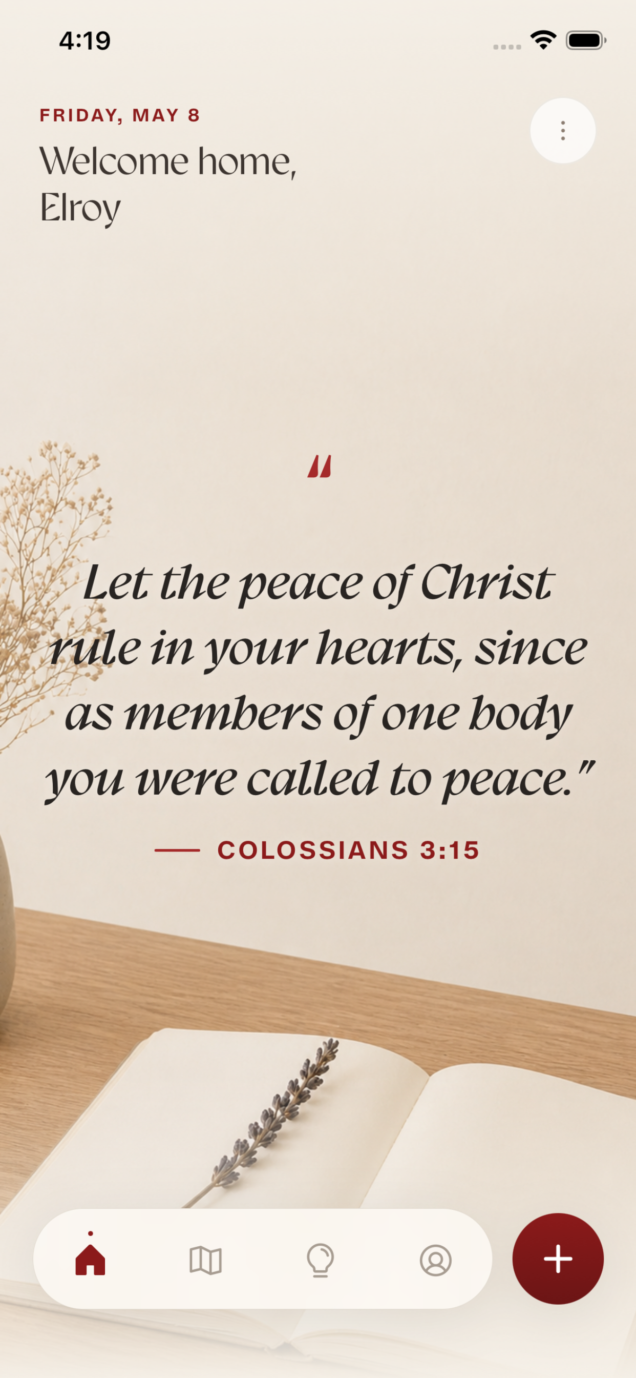 Selah app showing today's reflection with a Bible verse and journaling prompt